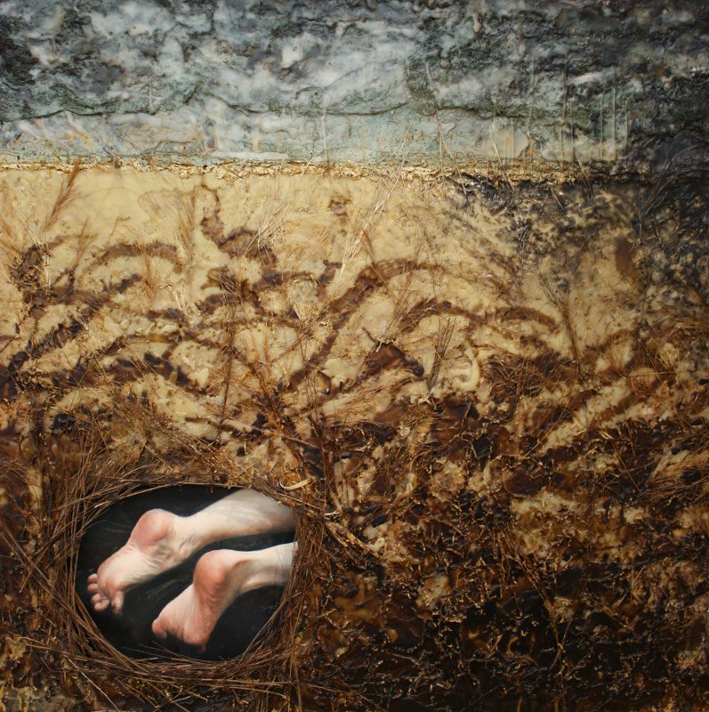 The Storm, by J.D. Miller, 2012, Encaustic, oil, dry pigment, twigs and grass, on canvas