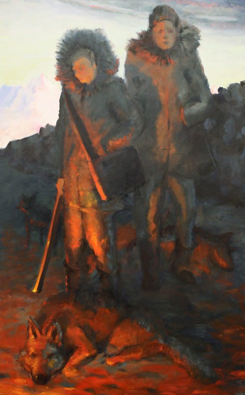 Shackleton with Dogs, by John Jameson, 2012, Oil on printed paper mounted to board