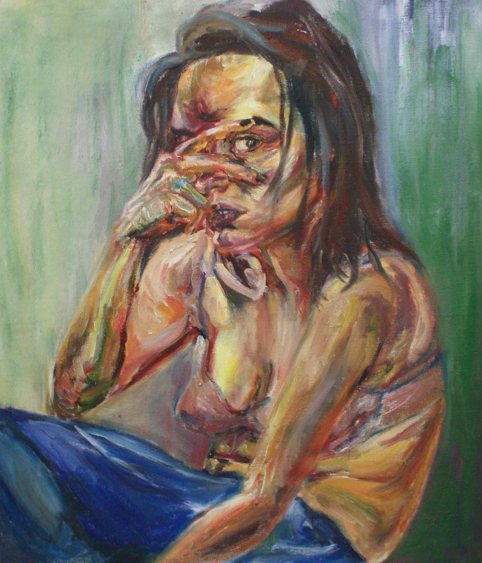 Self-Portrait in Jeans, by Jessica Brodsky, 2012, oil on linen