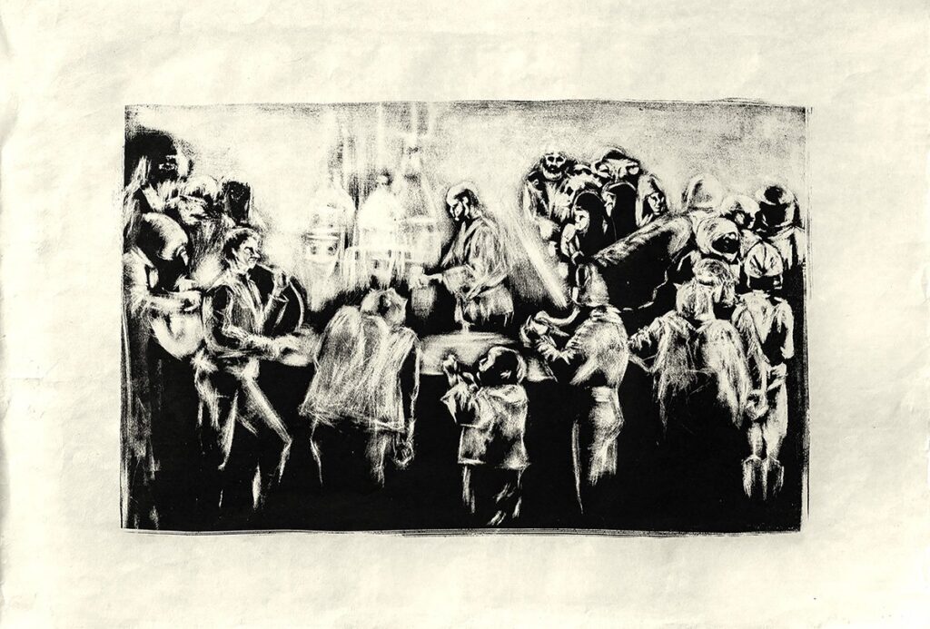 Untitled, "Mos Eisley Cantina", by Jordan Acosta, 2023, lithograph on paper