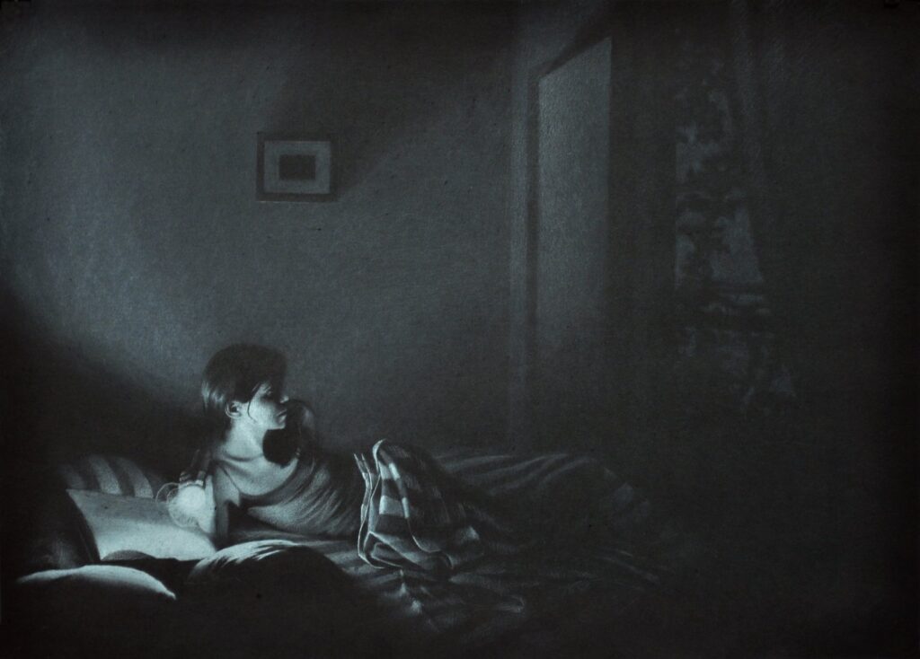 Bedtime, by James Adelman, 2013, Charcoal on paper