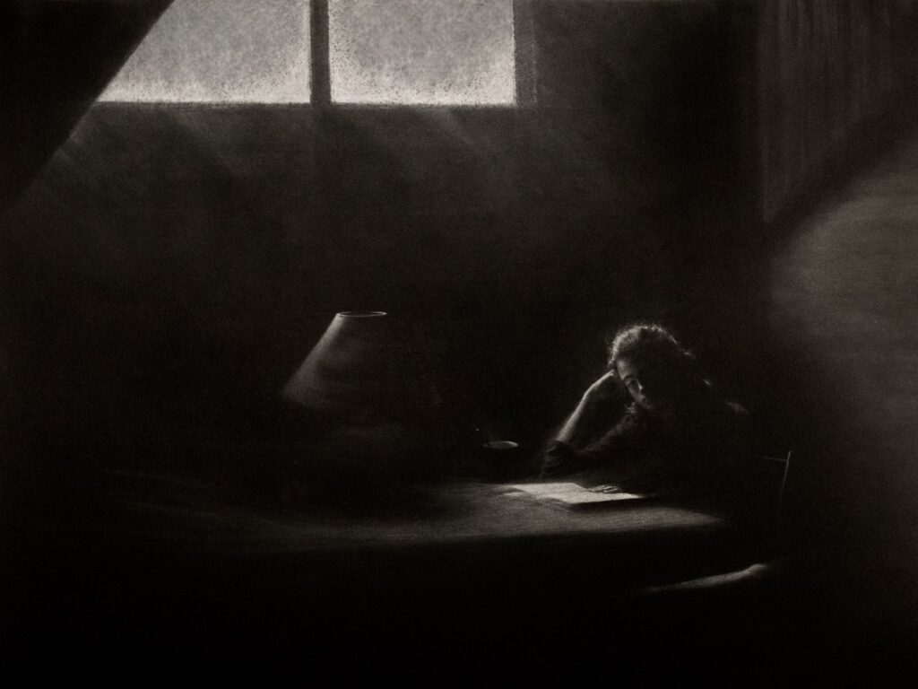 Eastover Attic Scene I, by James Adelman, 2019, charcoal and chalk on toned paper