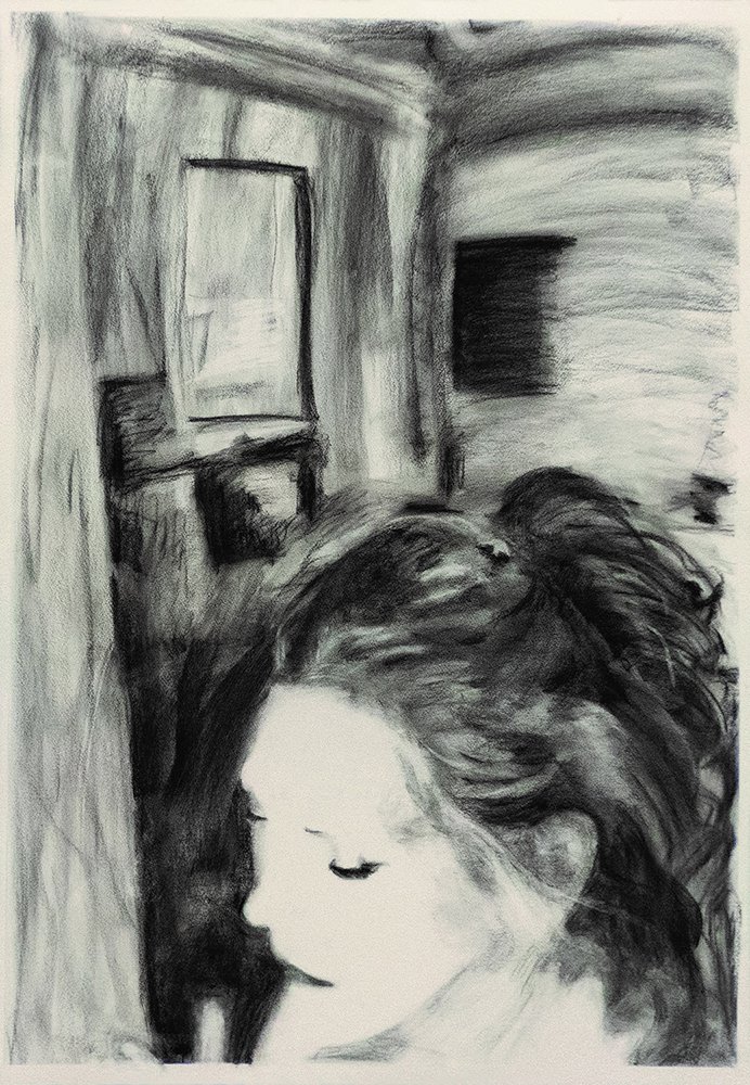 Looking Down, by Michelle Alford, 2019, charcoal on paper