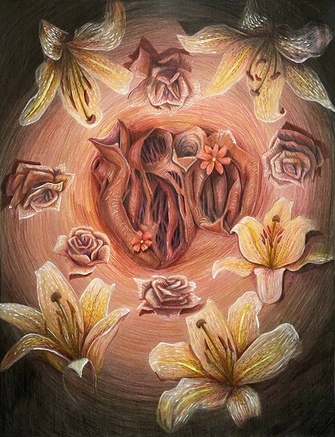 De Flores Y Corazones, by Carolina Amarillo, 2024, pencil and gouache on paper