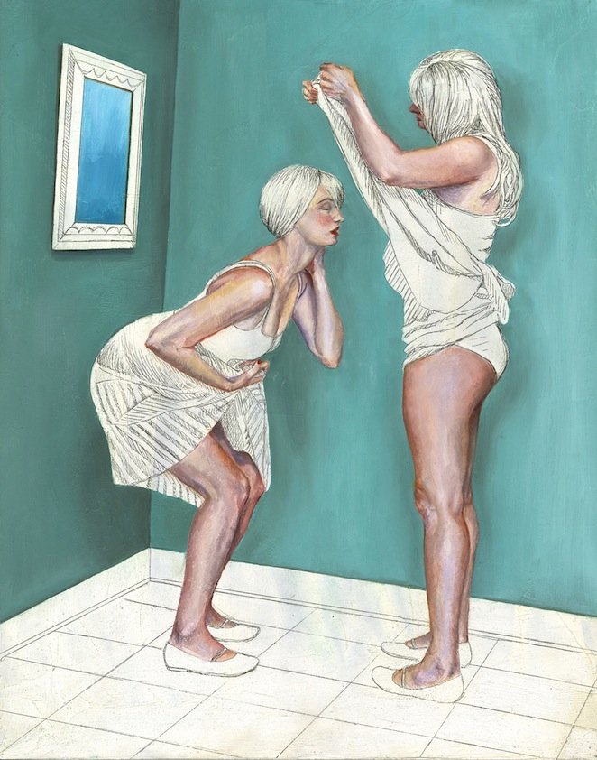 Duck and Cover Girls, by Jessica Augier, 2013, Oil and graphite on panel