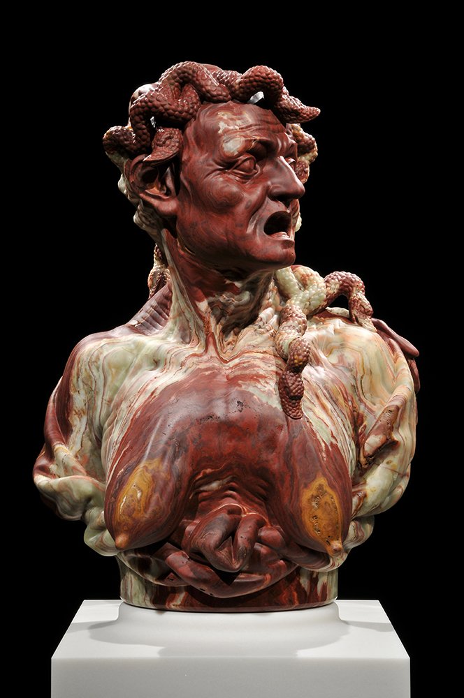 Envy, by Barry X Ball, 2008-2012, steel, pedestal: Macedonian marble, stainless steel, wood, acrylic lacquer, steel