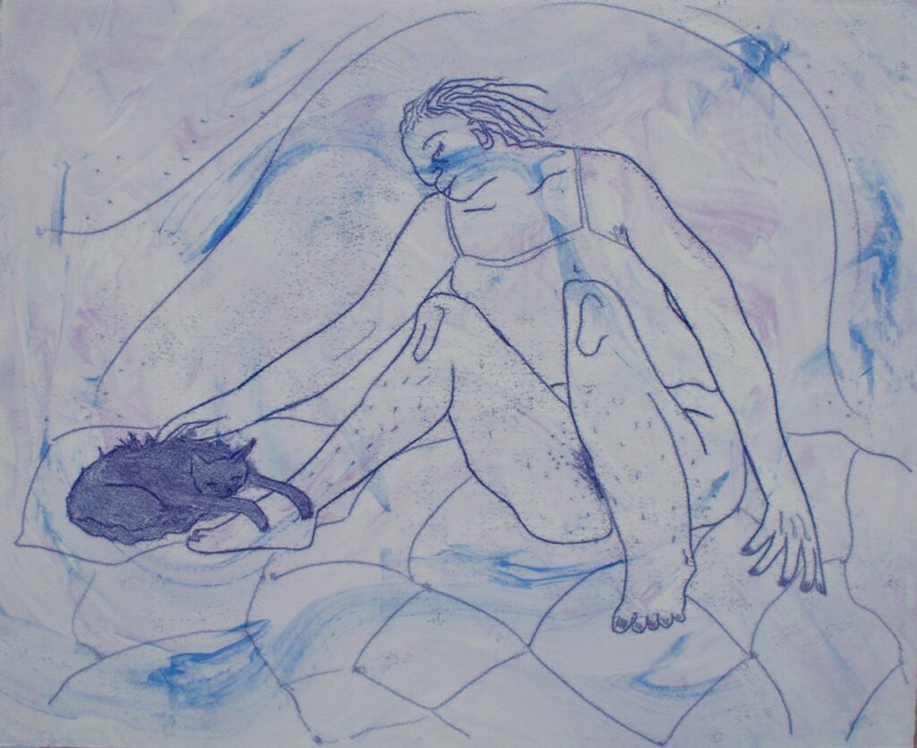 Stay at Home, by Lydia Baker, 2020, ink monotype on hand-marbled Rives BFK paper