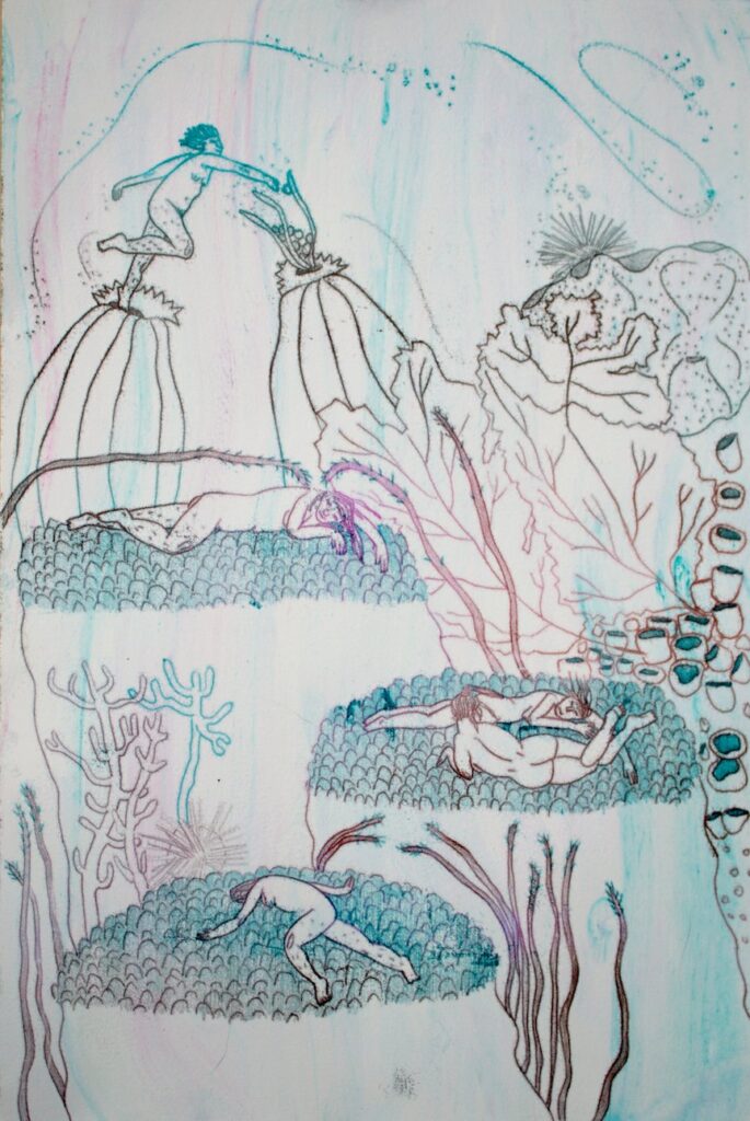 Waterbeds, by Lydia Baker, 2020, ink monotype on hand-marbled Rives BFK paper
