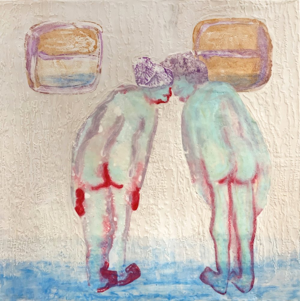 Whispers, by Lydia Baker, 2020, encaustic and oil on wood