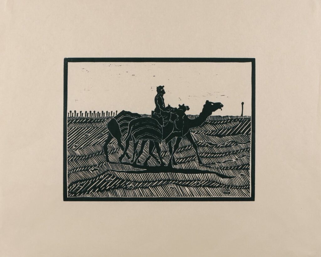 At the Camel Races, by Julie Barbeau, 2020, ink on natural Kitakata paper