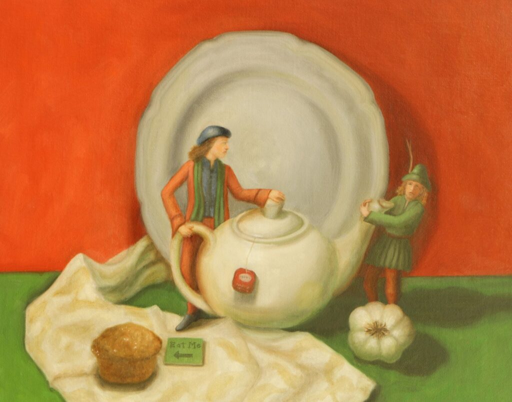 Making Tea, by Julie Barbeau, 2019, oil on canvas mounted to panel