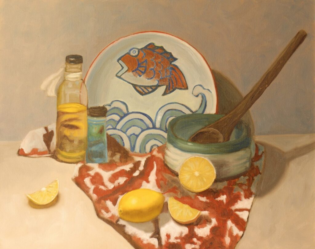 Still Life with Jumping Fish, by Julie Barbeau, 2019, oil on canvas mounted to panel
