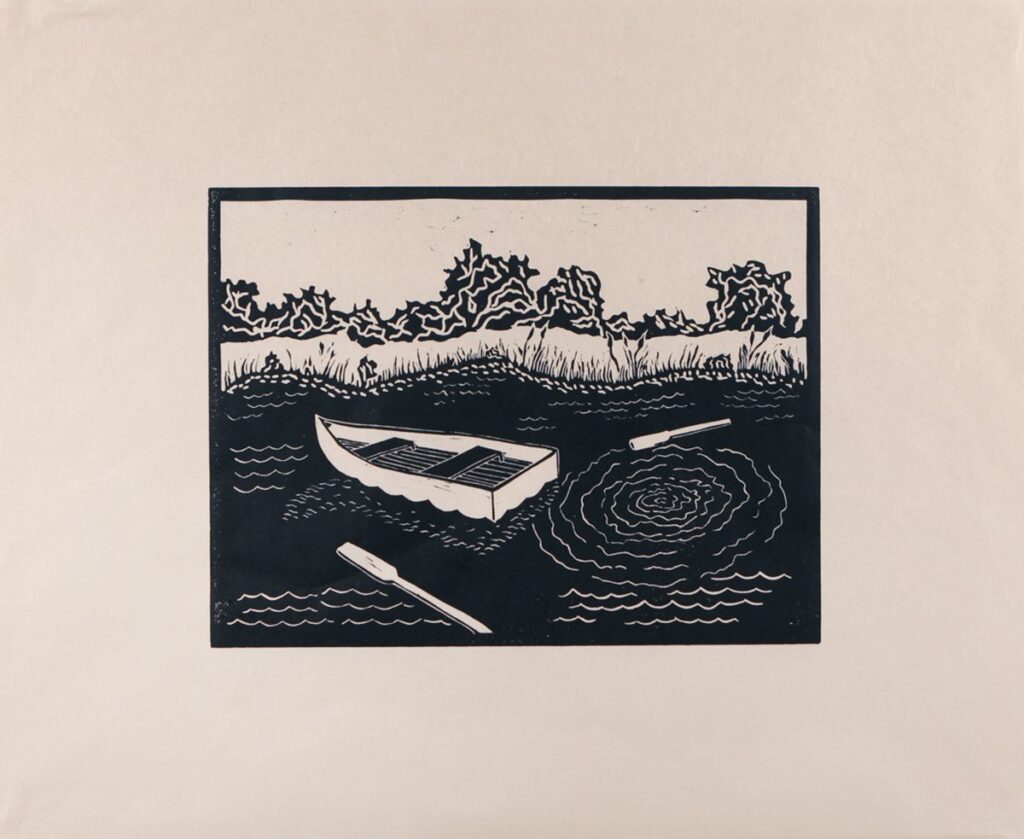 The Boat, by Julie Barbeau, 2020, ink on light green Kitakata paper