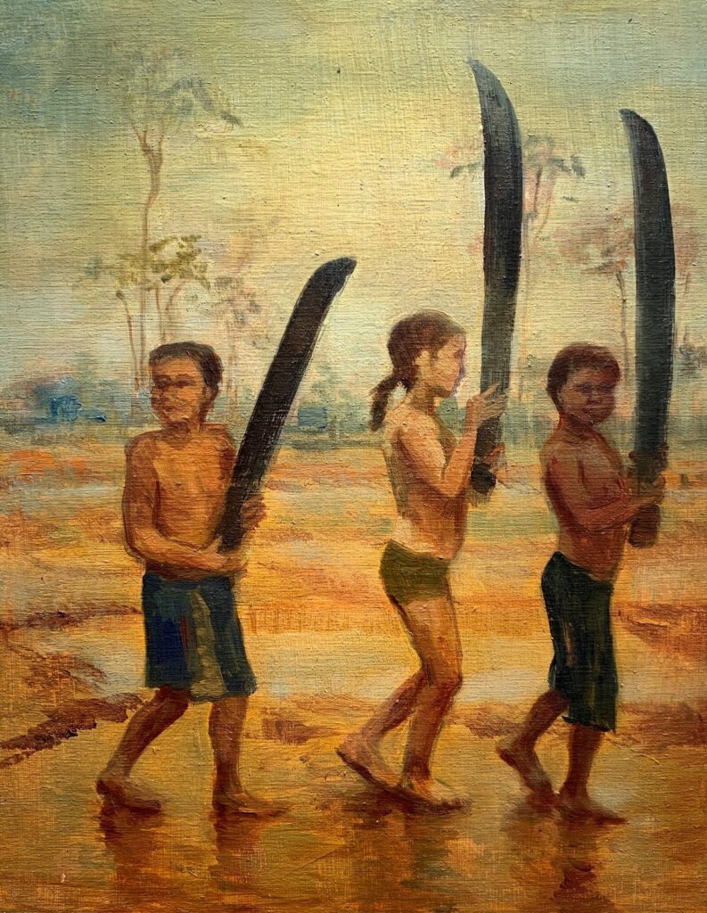 Playing Children, by Taissia Basaria, 2019, oil on wood