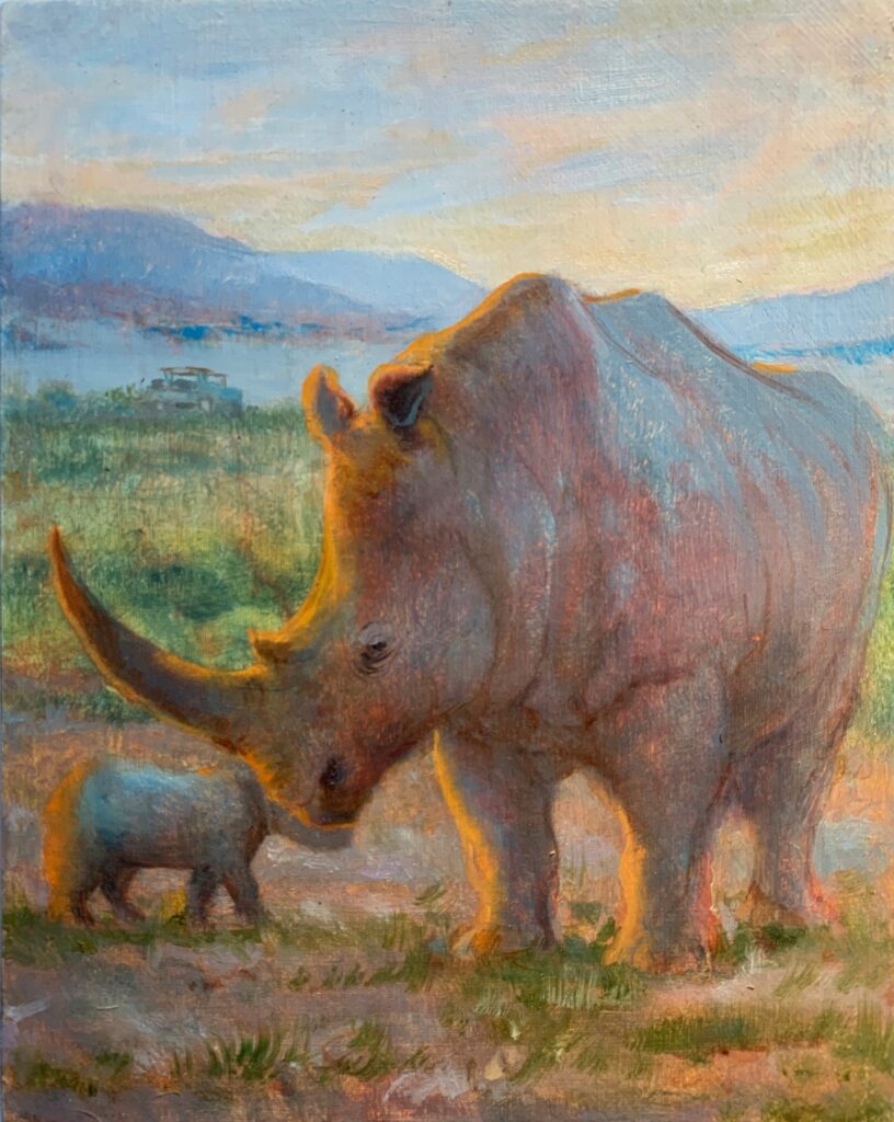 Rhino Conservation, Past, by Taissia Basaria, 2019, oil on wood
