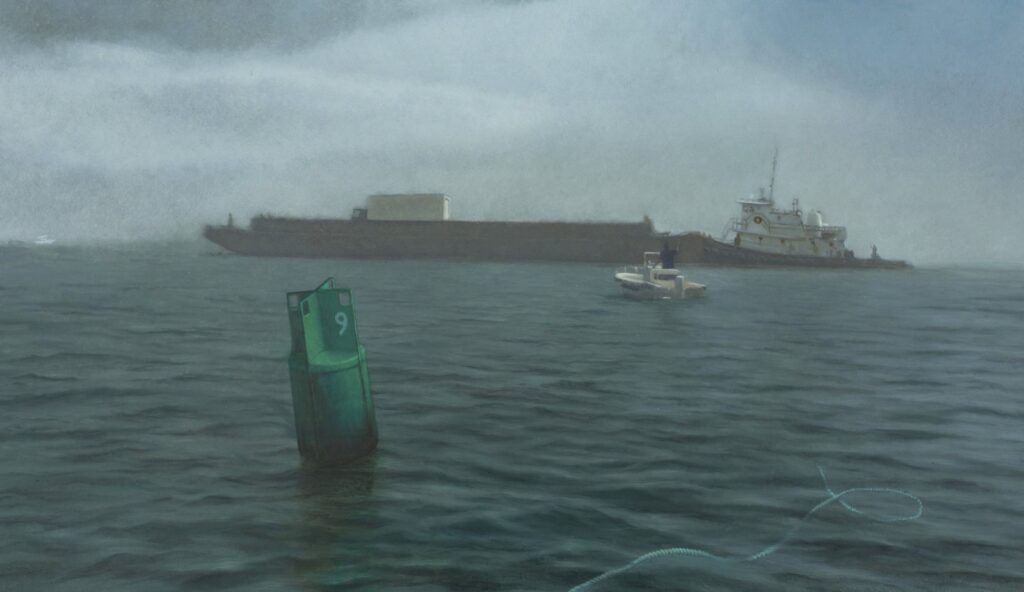 Barge in the Fog, by Tamalin Baumgarten, 2017, Oil on panel