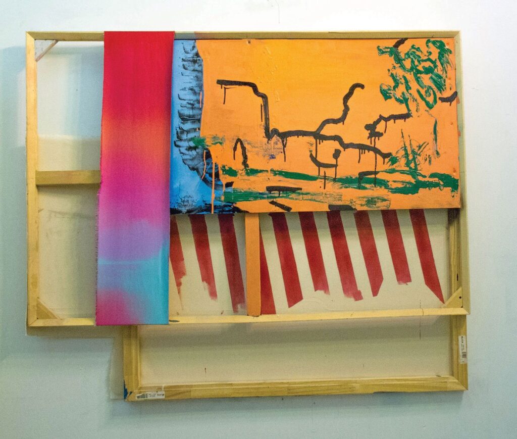 American Gate, by Jonathan Beer, 2013, Wood, enamel, spray paint, Coroplast, oil paint on canvas
