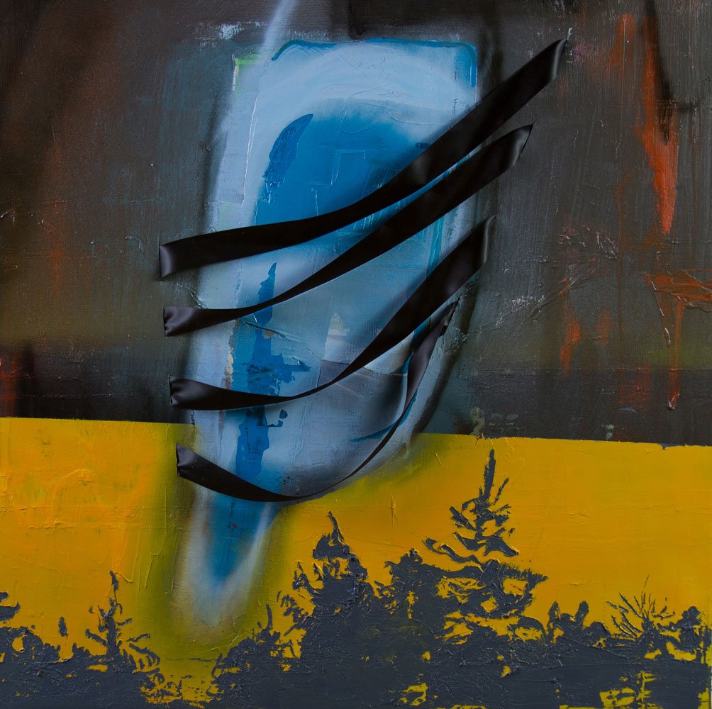 Rings of Saturn, by Jonathan Beer, 2013, Oil paint, enamel paint, spray paint and ribbon on canvas