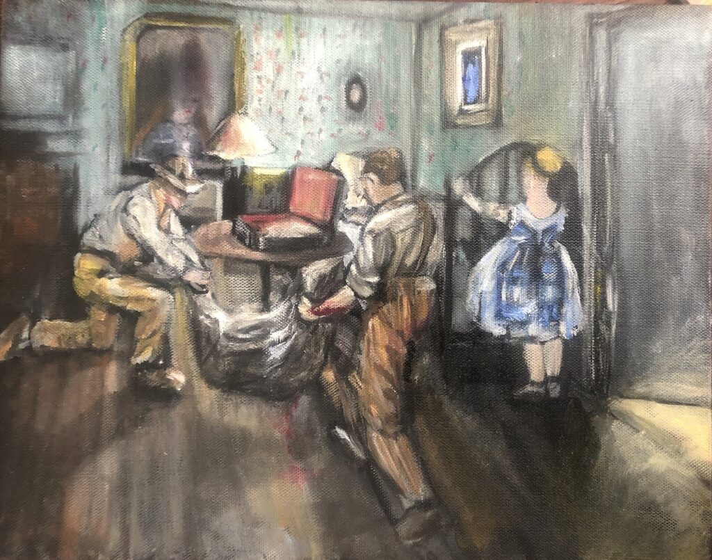 Courbet & Monet in the Degas Room, by Dayana Beisenova, 2020, oil on canvas panel