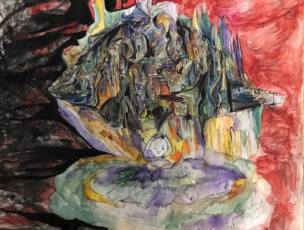 COVID-19 Meditation, by Dayana Beisenova, 2020, watercolor and ink on paper