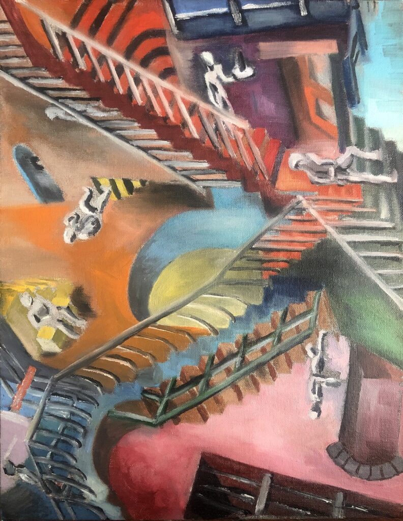 Escher COVID-19 Relativity, by Dayana Beisenova, 2020, oil on canvas panel