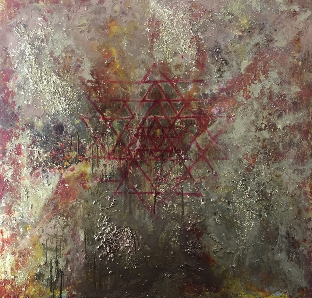 Golden Sri Yantra, by Dayana Beisenova, 2020, oil, acrylic, spray paint, gold leaf, glass, and resin on panel