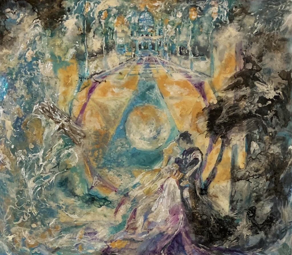 Moon Yantra, by Dayana Beisenova and Elena Ulansky, 2019, oil, resin, and firefly on canvas
