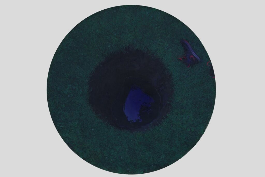 American Night/Untitled Hole in the Ground with Water and Nikes, by Jason Bereswill, 2013, Oil, acrylic and crayon on canvas stretched over board, 54 inch diameter