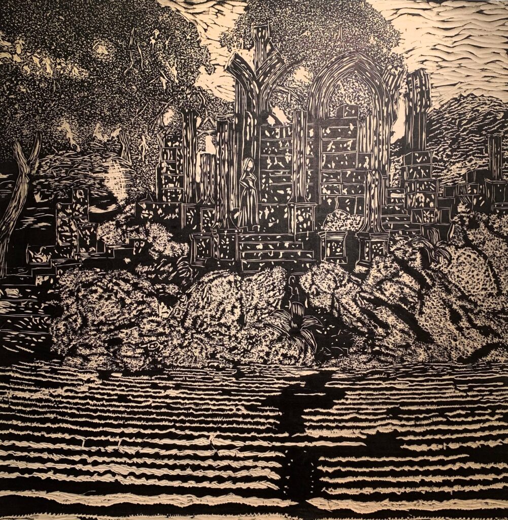 The Ruins of Gorlan, by Joshua Berry, 2019, ink on wood