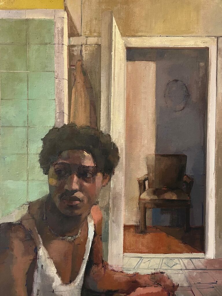 Lavatory Conversation, by Josue Bessiake, 2023, oil on linen