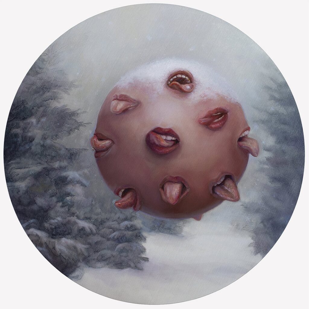 A Sense of Things #1, by Holly Blum, 2021, oil on linen mounted to an aluminum composite panel, 24 inches diameter, 26.75 inches diam