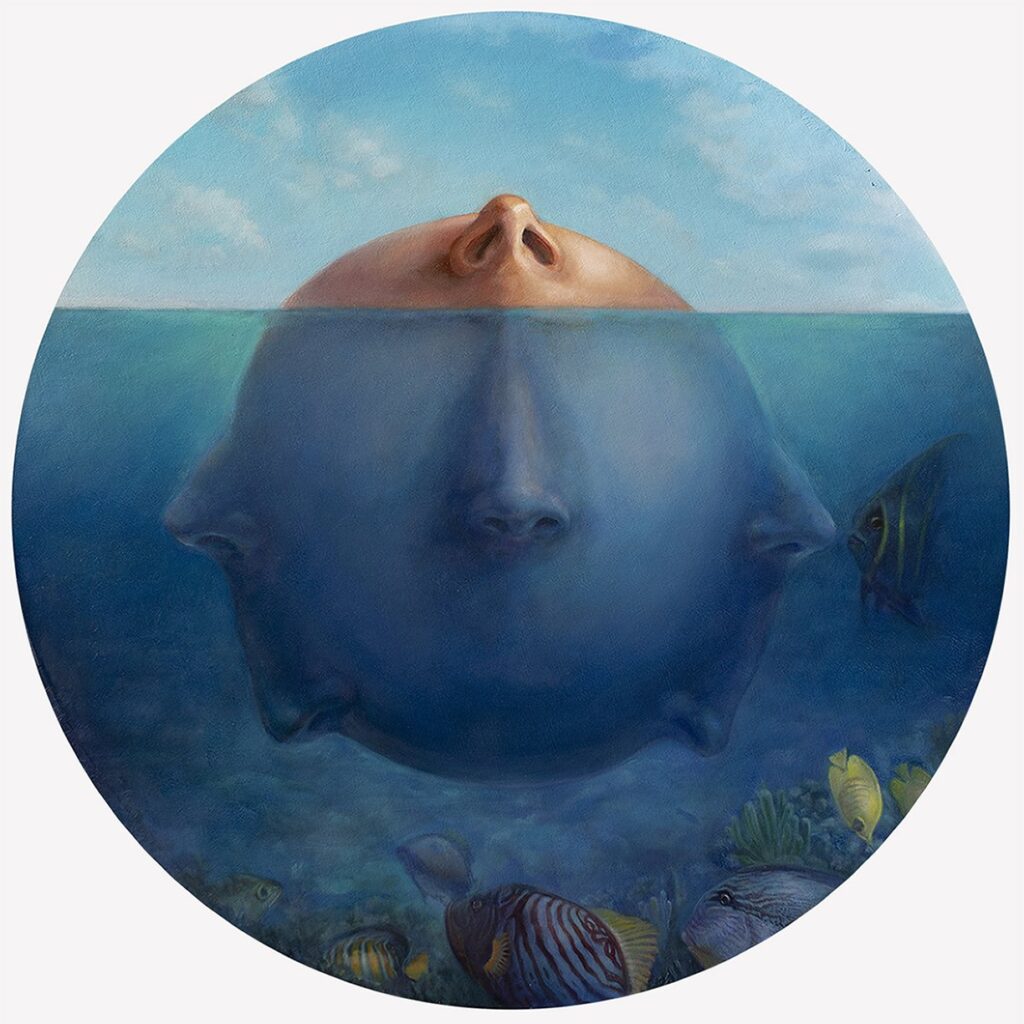 A Sense of Things #2, by Holly Blum, 2021, oil on linen mounted to an aluminum composite panel, 24 inches diameter, 26.75 inches diam