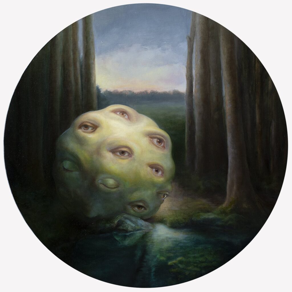 A Sense of Things #3, by Holly Blum, 2021, oil on linen mounted to an aluminum composite panel, 24 inches diameter, 26.75 inches diam