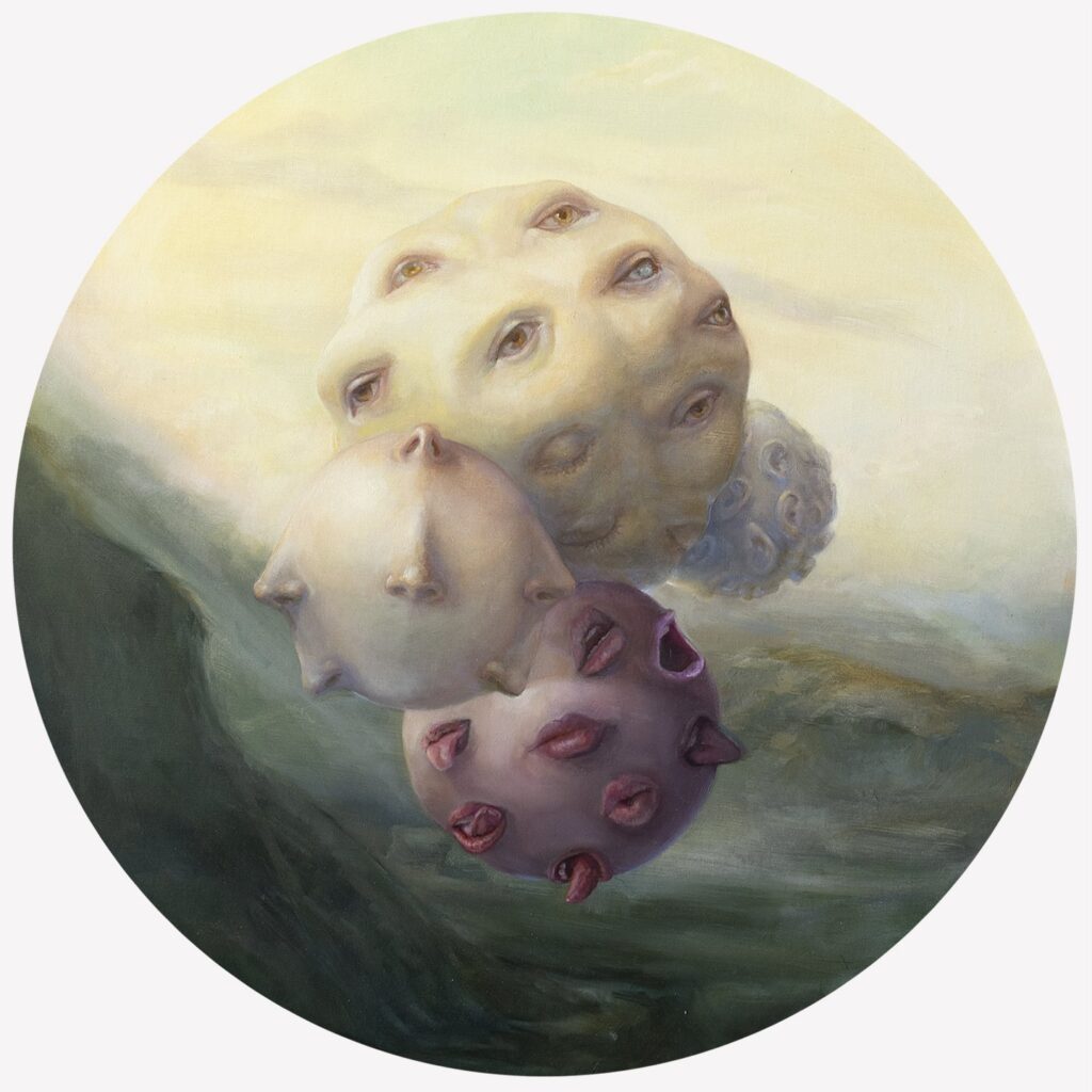 A Sense of Things #4, by Holly Blum, 2021, oil on linen mounted to an aluminum composite panel, 24 inches diameter, 26.75 inches diam