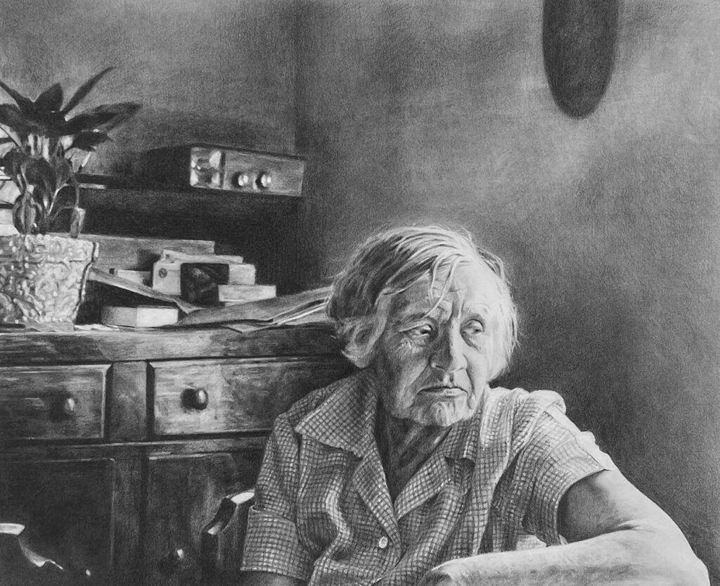 Marie at the Kitchen Table, by Katherine Bockelmann, 2023, graphite on paper