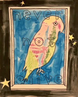 Parrot, by William Bolton, 2019, pencil, ink, and sharpie on paper