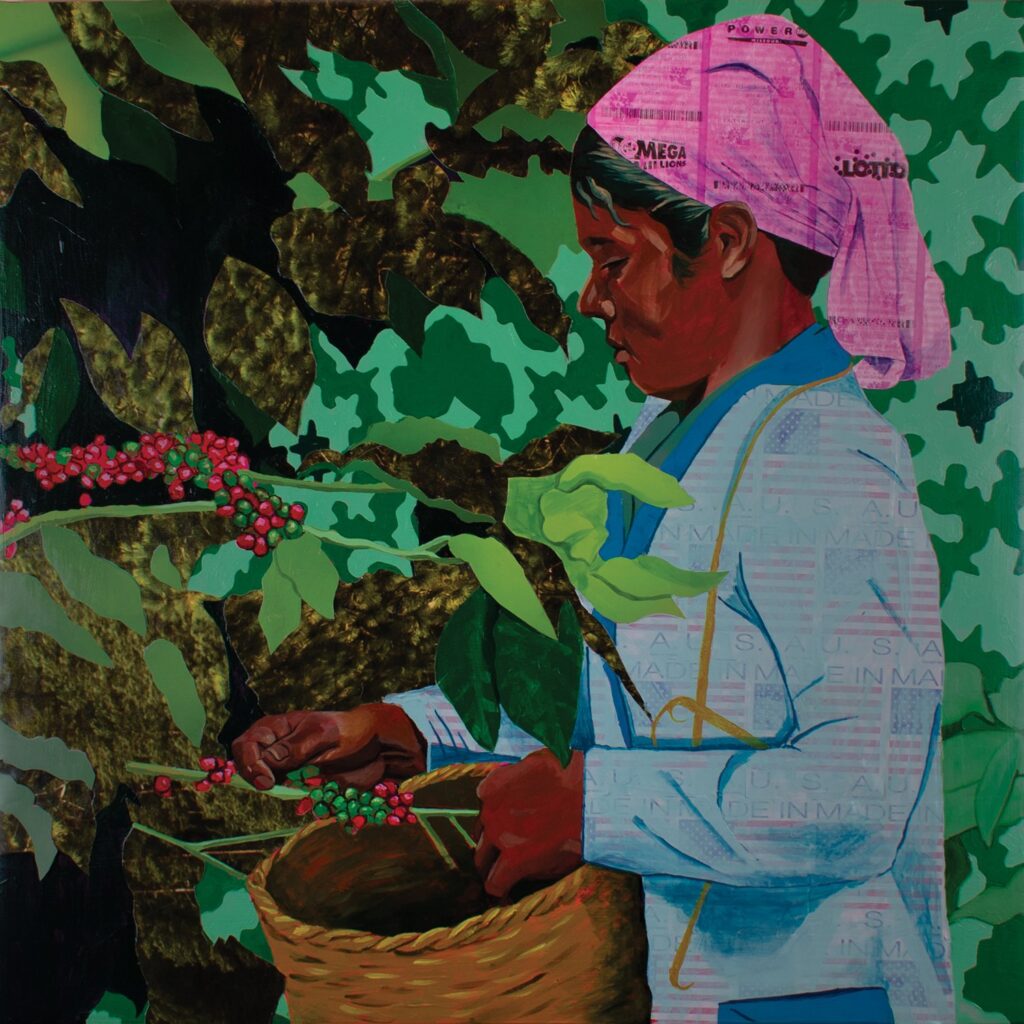 La Cortadora de Café, by Quinn Antonio Briceño, 2021, acrylic, Made in USA stickers, lottery tickets, and found prints collaged on canvas