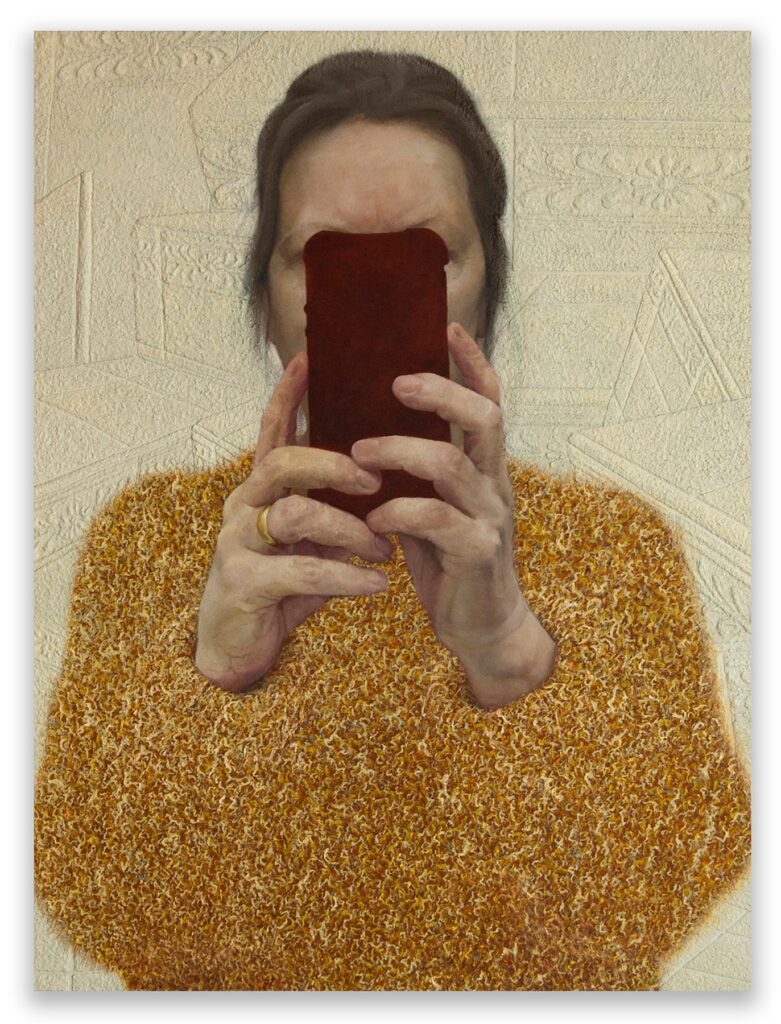 Self-Portrait, by Ilsa Brittain, 2017, oil and acrylic texture medium on panel