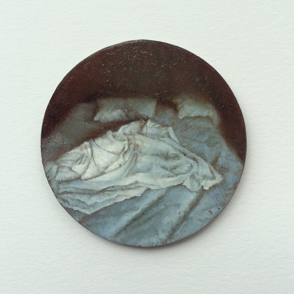 Insomnia, by Dina Brodsky, 2014, Oil on plexiglas, 2 inches diameter