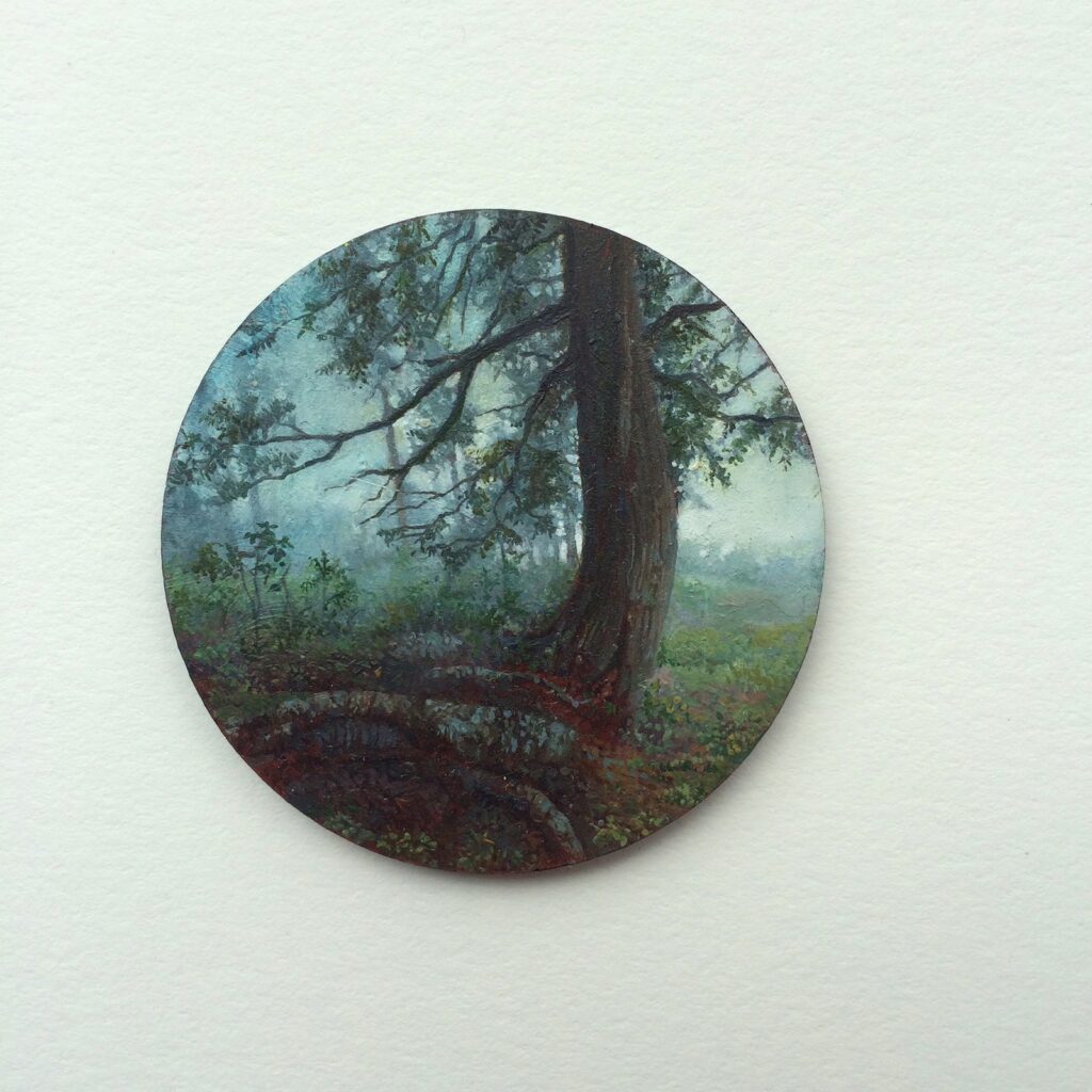 Katrina's Tree, by Dina Brodsky, 2016, Oil on plexiglas, 2 inches diameter
