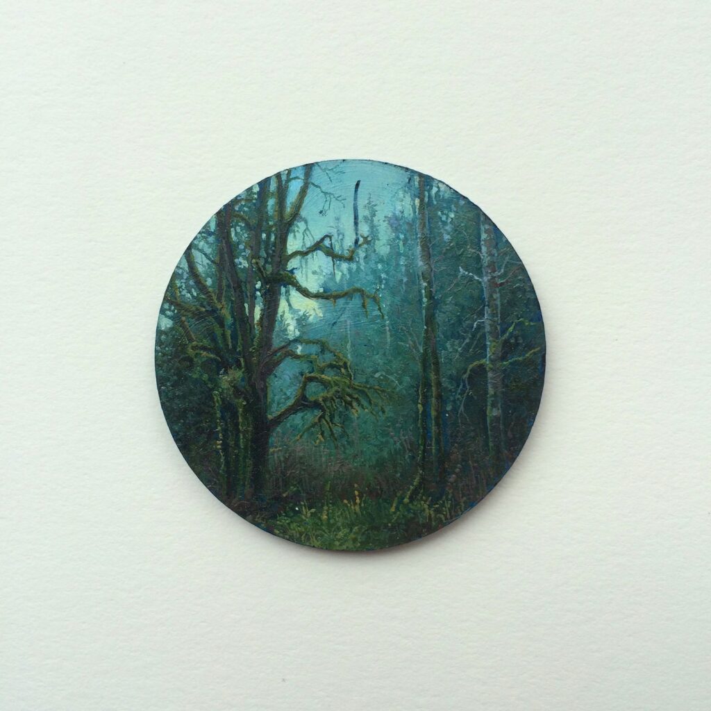 Lisa's Tree, by Dina Brodsky, 2016, Oil on plexiglas, 2 inches diameter
