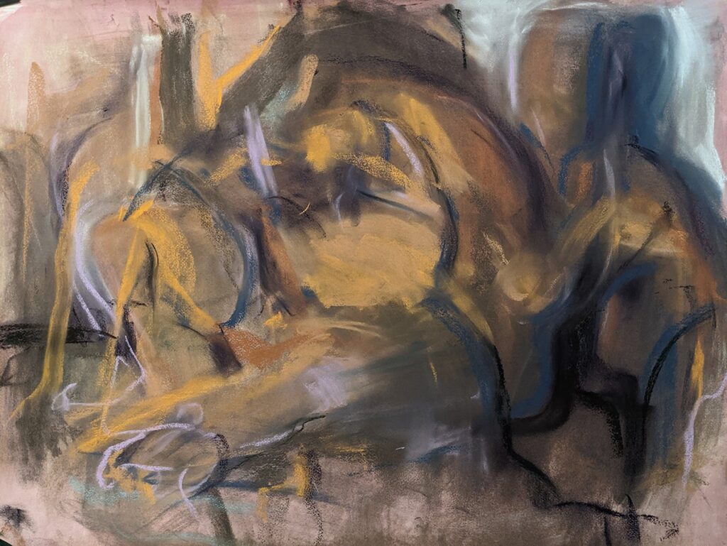 Orange and Blue, by Nathan Brutzman, 2021, charcoal and pastel on hand toned acrylic paper mounted on canvas