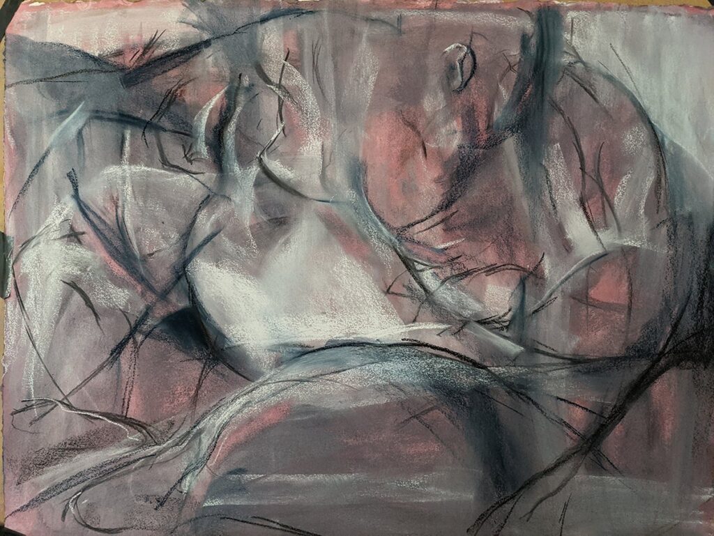 Pink and Grey, by Nathan Brutzman, 2021, charcoal and pastel on hand toned acrylic paper mounted on canvas