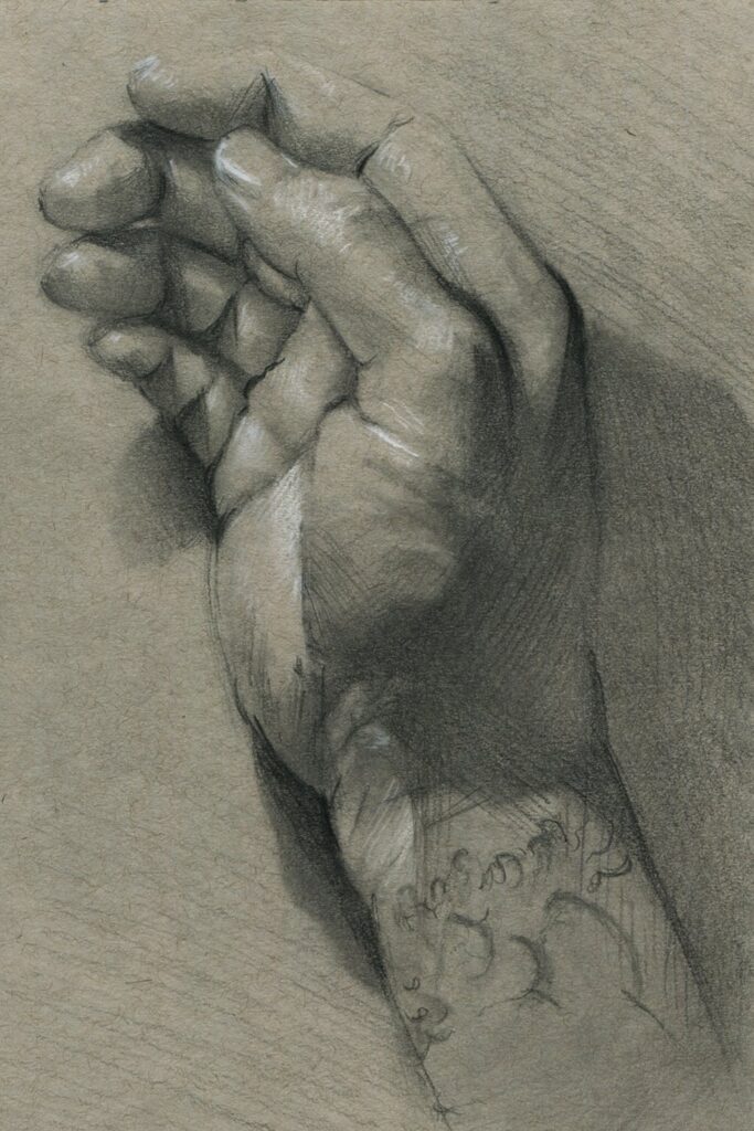 Right Hand II, by Nathan Brutzman, 2020, graphite on toned paper