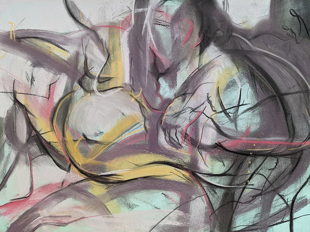 Yellow Belly, by Nathan Brutzman, 2021, charcoal and pastel on hand toned acrylic paper mounted on canvas