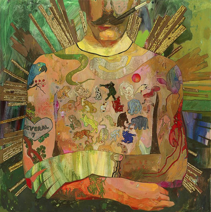 Several // Taxonomic Ranks, by Caley Buck, 2019, oil, oil pastel, acrylic, and sequins on canvas
