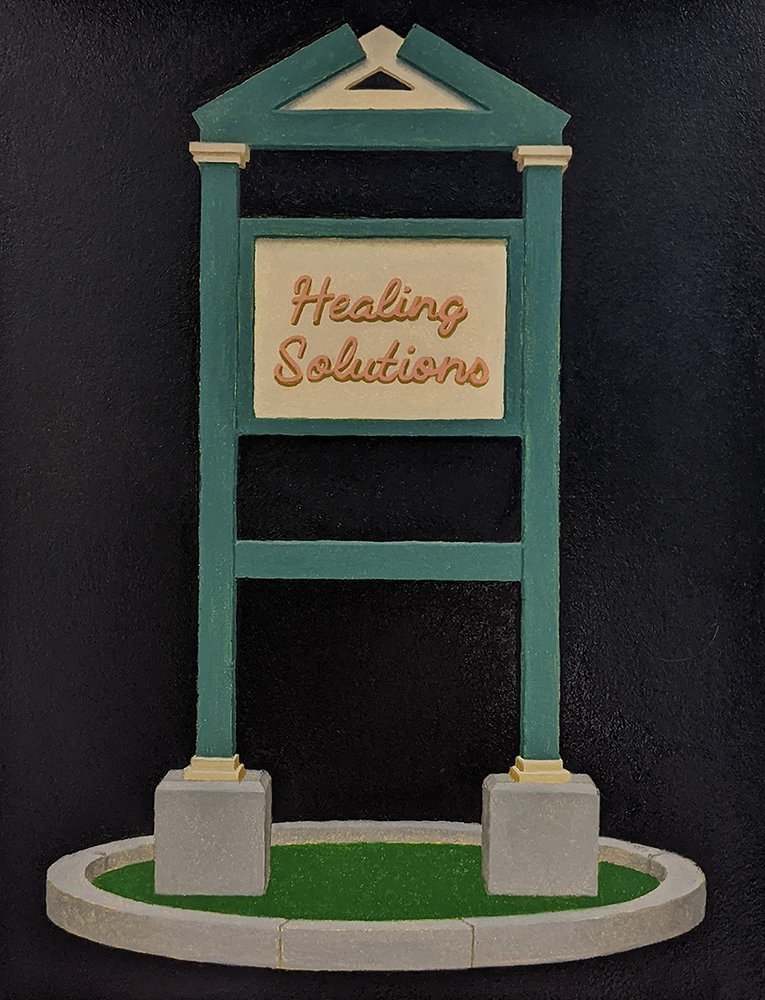 Healing Solutions, by Tim Buckley, 2021, oil and acrylic on paper stretched over panel
