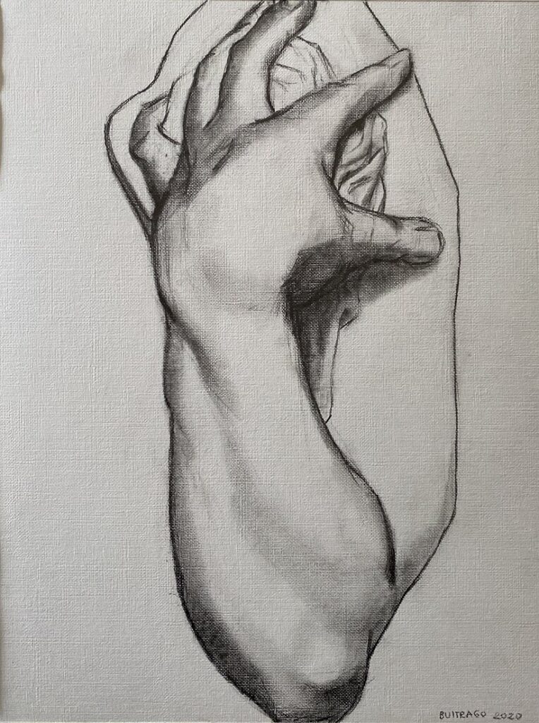 Reach, by Maria Buitrago, 2020, graphite on watercolor paper