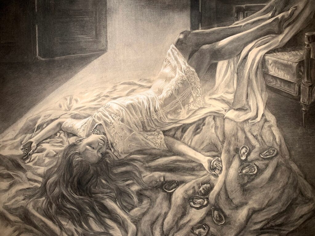 Dreaming, by Olga Burenkova, 2019, charcoal on paper
