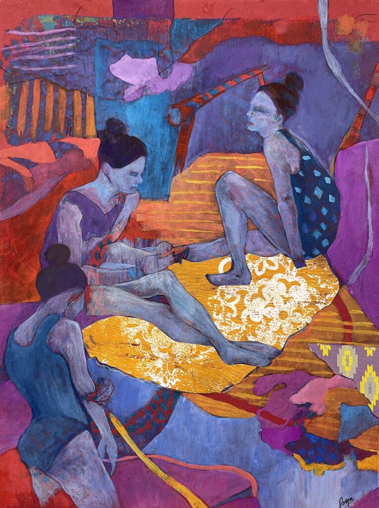 Coming Back, by Pooja Campbell, 2024, acrylic, gouache, pencil, and collaged paper on paper